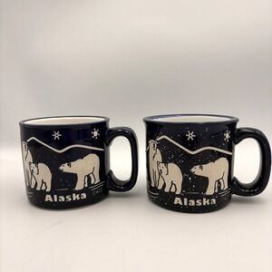 Engraved Blue & White "Alaska" Polar Bears Snow Coffee Mug Set Speckled Mountain